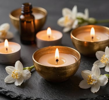 Close-up of a luxury South Asian spa setting with warm candlelight, aroma oils in gold bowls, and fresh jasmine flowers on a dark charcoal surface.