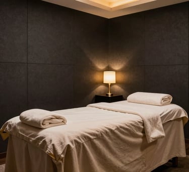 Luxury spa room interior with a massage table, dark charcoal wall panels, and soft beige linens, illuminated by warm gold lamps.