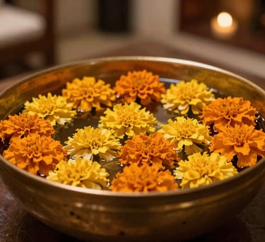 Close up of a traditional South Asian brass bowl filled with water and floating marigold flowers in a spa reception area.