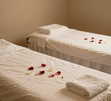 Two neatly arranged massage beds in a couple spa suite with decorative petals and warm, professional ambient lighting.