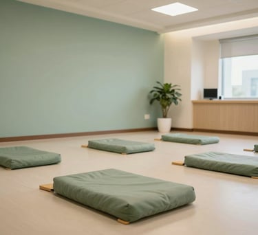A tranquil mindfulness room in a North American healthcare center, with floor cushions, soft diffuse lighting, and a palette of sage green and cream.