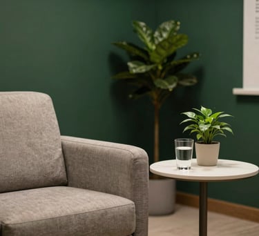 A close-up photograph of a serene, modern consulting room in a North American clinic. The room features dark forest green accents and soft, warm lighting. A comfortable armchair and a small side table with a glass of water and a botanical plant are visible, creating a peaceful atmosphere.