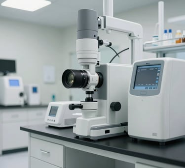A professional and calming photograph of a modern laboratory space with advanced medical equipment. The lighting is bright but soft, emphasizing a clean and innovative environment. The color palette includes light sage and white tones, reflecting a state-of-the-art North American healthcare facility.