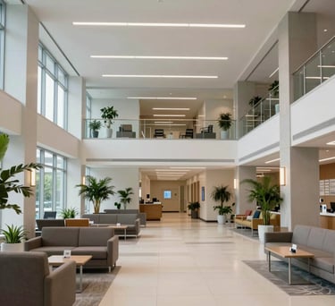 Wide shot of a modern North American healthcare lobby with high ceilings, large windows, and an abundance of indoor plants and comfortable seating.