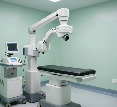 A state-of-the-art diagnostic room with clean lines, soft green and white tones, and high-end medical equipment in a North American facility.
