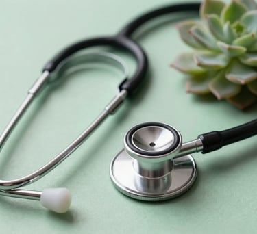 Close-up photography of a stethoscope lying on a clean, light green surface next to a small succulent plant, representing modern medicine and nature.