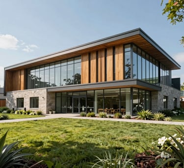 Exterior of a modern, eco-friendly medical building in North America, featuring glass, wood, and stone architecture surrounded by lush green landscaping.