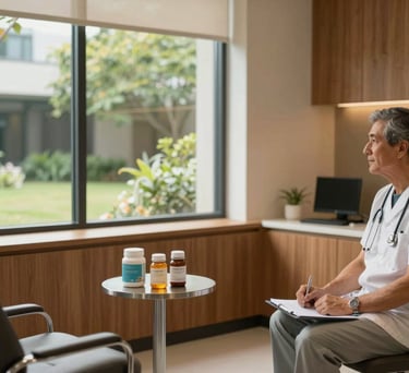 A high-end nutrition consultation room in a North American medical clinic, featuring warm wood accents, natural lighting, and a window looking out to a garden.