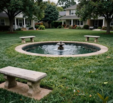 Wide-angle photograph of a North American / US manicured lawn area with a small decorative pond and stone benches, evoking a sense of calm and community peace.