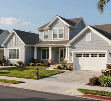 A sunny North American / US residential street within a gated community showing elegant single-story homes with pale gray siding and well-kept front gardens.