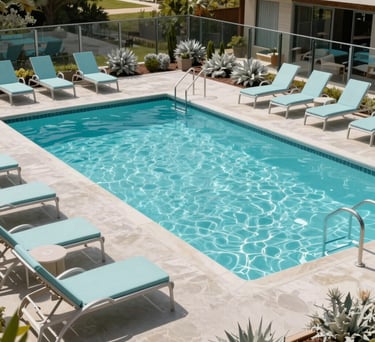 A North American / US lifestyle village swimming pool with turquoise water and light blue lounge chairs, surrounded by glass fencing and silver-sage landscaping.