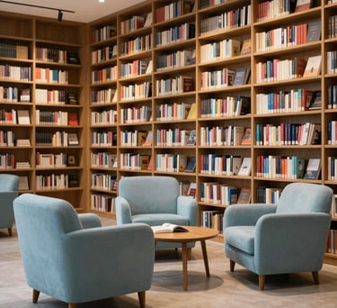 A cozy, modern indoor library with large comfortable armchairs in light blue and floor-to-ceiling bookshelves, featuring warm, soft lighting for a quiet reading space.