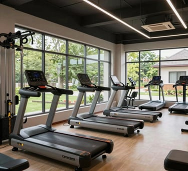 The interior of a high-end village fitness center with modern equipment, large windows showing green trees, and a clean, spacious layout for senior exercise.