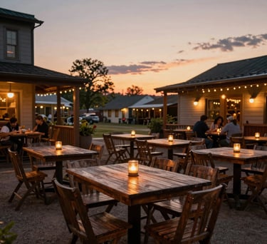 An outdoor dining terrace at sunset in a North American / US village community, featuring dark wood tables and soft ambient lighting for a warm communal atmosphere.