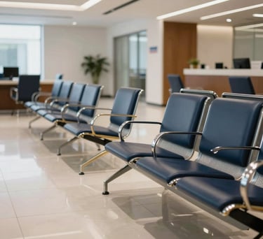 A bright waiting area in a financial firm with premium furniture in steel blue and gold, reflecting a calm and professional atmosphere.