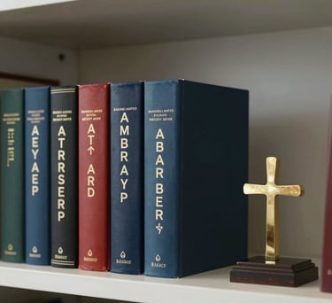 A clean, organized office shelf in a North American financial firm featuring classic leadership books and a small, tasteful decorative cross.