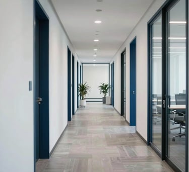 An airy hallway in a modern North American financial office with clean lines, steel blue accents, and a sense of calm professionalism.