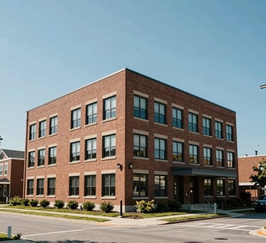 Photography of a modern and dignified brick office building in a clean North American suburban neighborhood under a clear blue sky, emphasizing stability and local commitment.