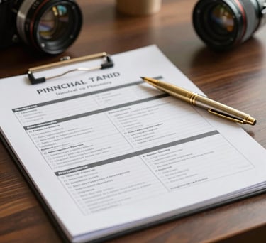 A close-up of a professional financial planning portfolio and a gold pen resting on a dark wood table in a North American office, warm soft lighting.
