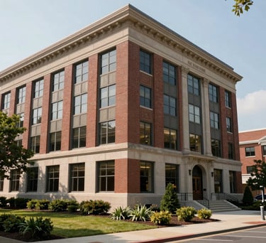 The exterior of a dignified, professional North American office building with classic brick and large windows, surrounded by tidy landscaping.