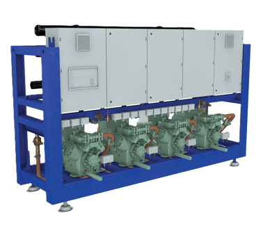 Industrial refrigeration rack featuring semi-hermetic compressors and a control panel.