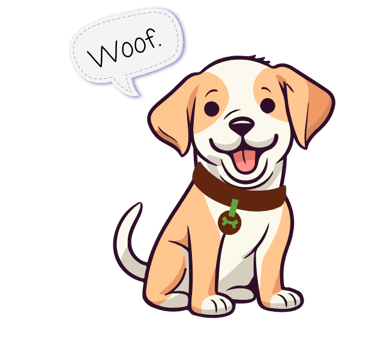 The Julia's Pet Pal dog with a red collar sitting down with a speech bubble that says 'Woof!"