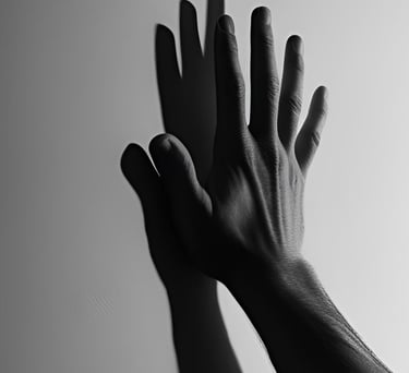 a man's hand pressed against the wall casting a shadow in black & white photo for LVF shadow work