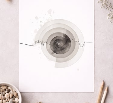 Minimalist abstract black and white spiral art print on a desk with glasses and neutral decor.