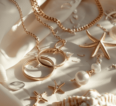 Colección de joyería de acero inoxidable dorado con diseño marino de estrellas de mar y perlas sobre