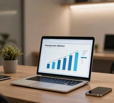 A professional corporate workspace in Brazil, with a laptop open showing positive employee satisfaction graphs, soft warm lighting, minimalist decor.