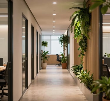 A beautifully illuminated office corridor in a modern Brazilian startup, clean architecture with biophilic details, vertical plants, and soft, warm, indirect lighting to promote calm.