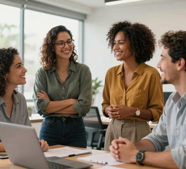 A vibrant photograph of Brazilian professionals interacting happily and stress-free in a modern workplace setting, expressing teamwork, relief, and mental health support, bright clean light.