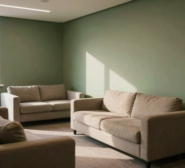 A minimalist corporate collaborative zone with warm natural lighting, green walls, soft comfortable sofas, showing a clean design dedicated to mental wellness and decompression.