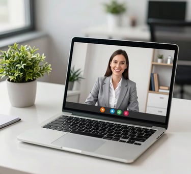 A high-end clean photograph of a modern online session layout: a high-quality laptop displaying a virtual video call with a smiling psychologist, placed on a tidy desk with a small plant, corporate office background.