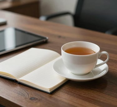 A detailed photograph of a professional office desk where a tea cup sits next to a notepad and tablet, expressing a calm workspace designed to reduce stress and anxiety, soft professional depth of field.