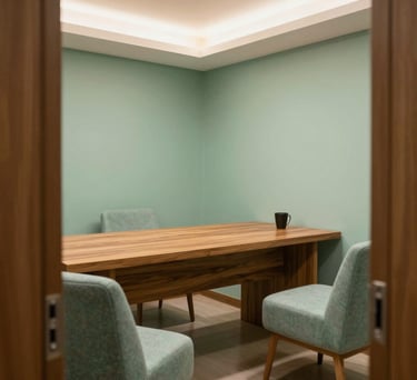 An inviting photograph of a cozy, private corporate consultation booth or small modern office in Brazil. Comfortable seating, natural wooden desk, warm light, mint green details, highly professional and safe environment.