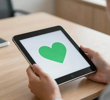 Close-up of a psychologist's hands holding a tablet with a green heart icon on it, in a calm office with light wood furniture, Brazilian counseling setting.