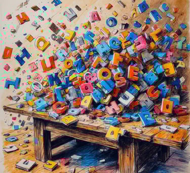 Tantissime lettere colorate che cadono a cascata su un tavolo di legno