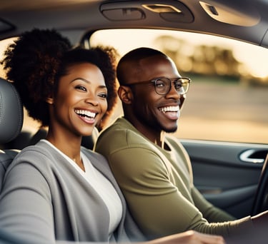 a man and woman in glasses are sitting in a car