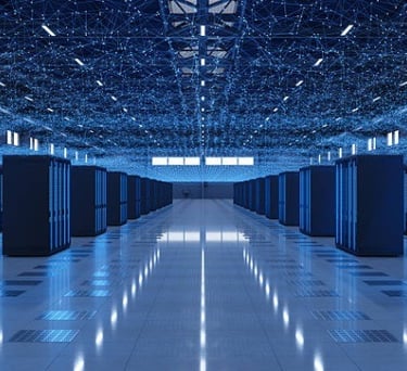 Blue-lit data center with rows of server racks, illustrating secure cloud infrastructure and scalabl