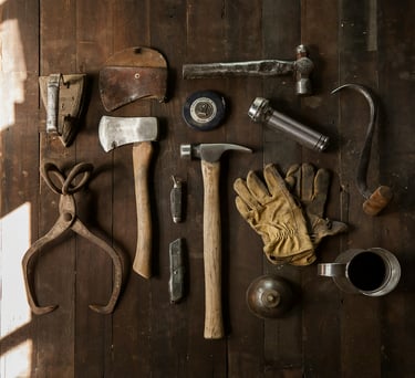 a variety of tools and tools on a wooden table