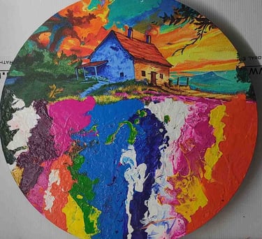 "Round Earth-shaped colorful painting showing a house, trees, and flying birds-Meant for export"