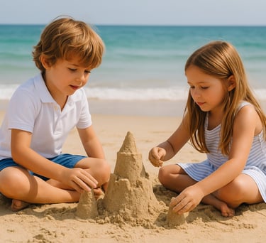 Niños construyendo castillo de arena