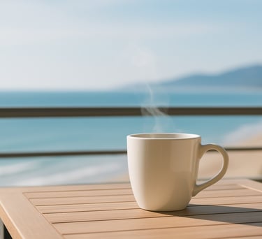 Taza humeante en balcón