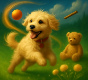 a dog is playing with a ball, stick and stuffed bear in the grass