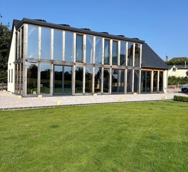 a large building with a large glass window