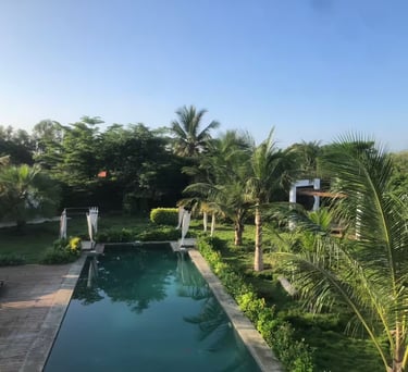 a pool with a view of a house and palm trees