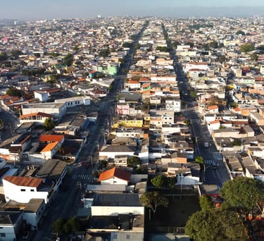 Vista aérea mostrando a densa malha urbana e suas avenidas principais.