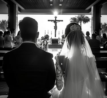 a bride and groom are standing in front of a cross