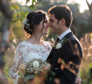 a bride and groom standing in a field